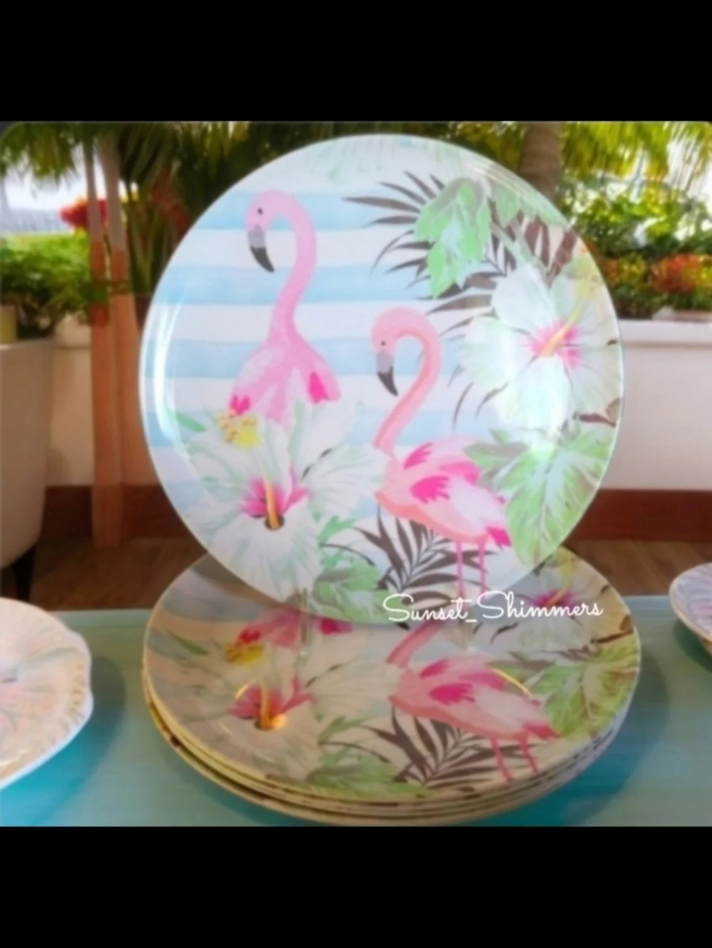6pc Tropical Pink Flamingo Palm Hibiscus Flower Melamine Dinner Plate Set New